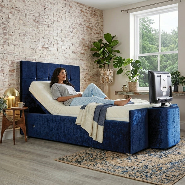 The Newyork Lined Tv Adjustable Bed frame With Adjustable Wooden Slats | Memory Foam Mattress