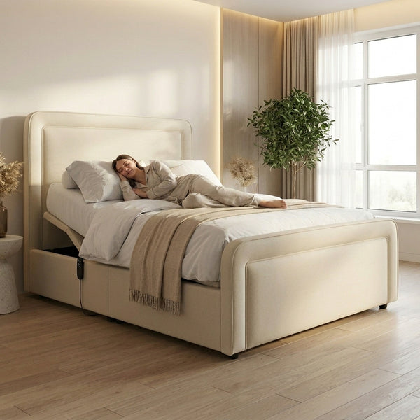 White Plain Adjustable Bed frame With Adjustable Wooden Slats | Memory Foam Mattress